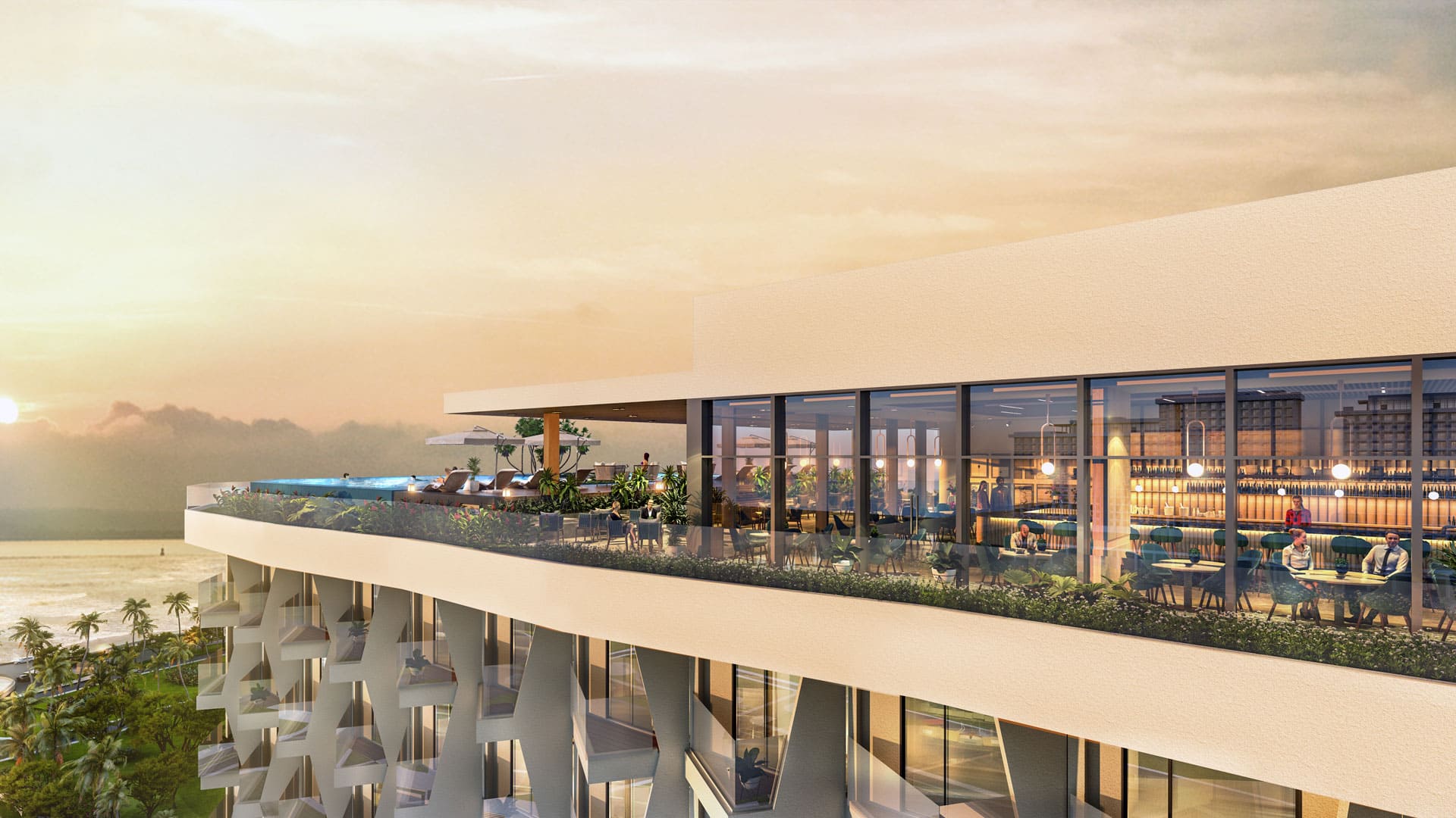 Tận hưởng đỉnh cao trải nghiệm tại tầng thượng Alaric Tower – nơi hội tụ sky bar, lounge và hồ bơi vô cực tạo nên phong cách sống thượng lưu chuẩn resort 5 sao.