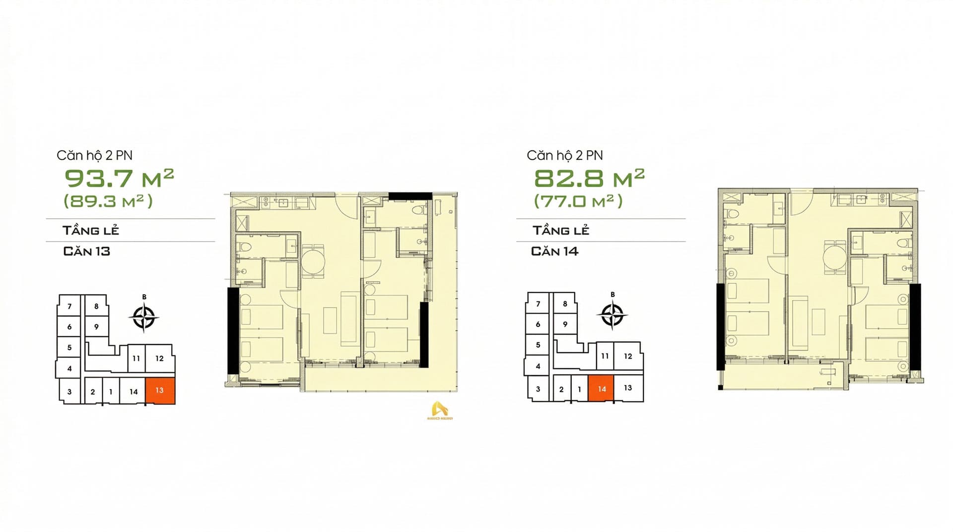 Layout thiết kế căn hộ 2 phòng ngủ 2 toilet có diện tích 82,8m2 và 93.7m2 dự án Csj Tower Vũng Tàu