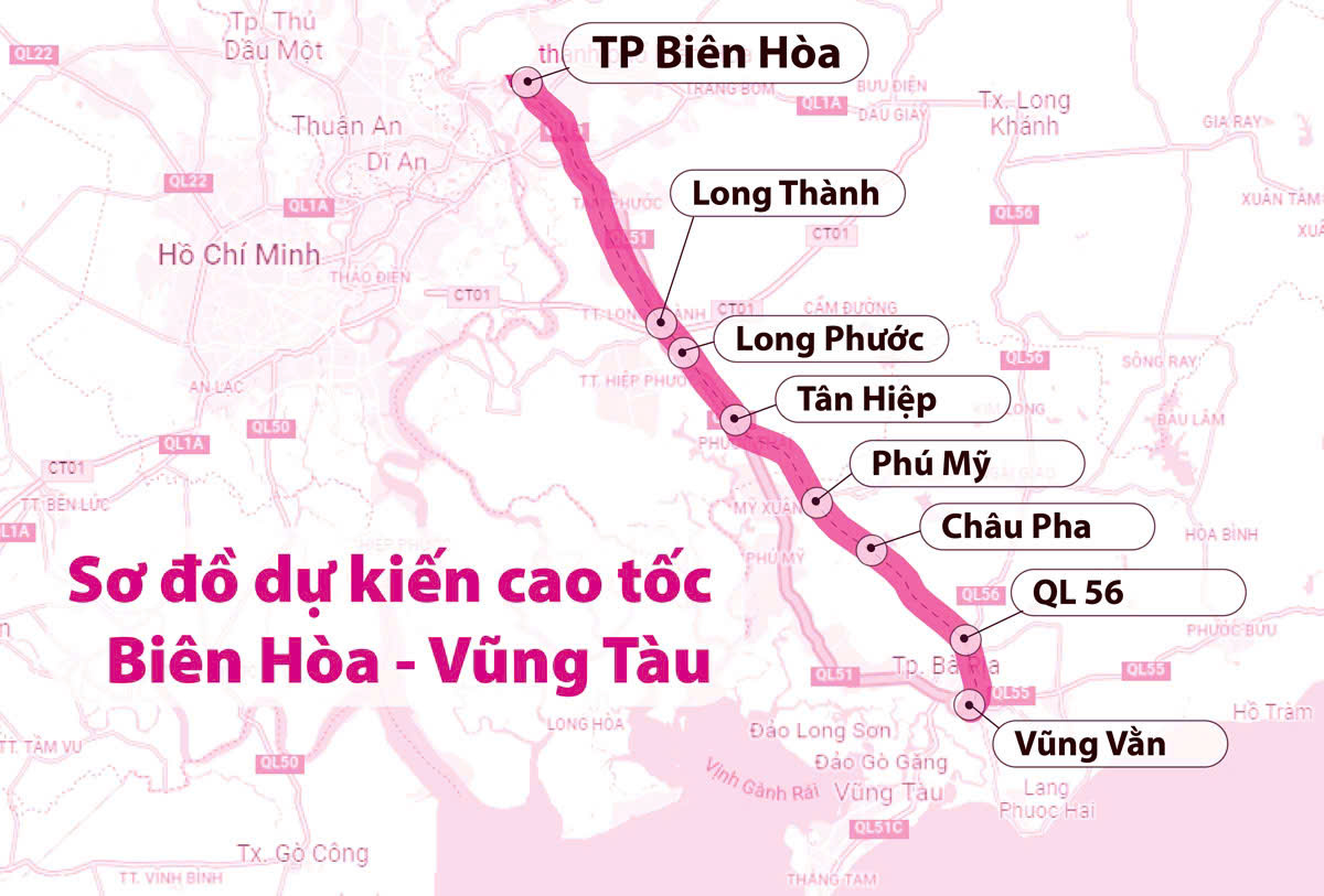 Bản đồ đồ họa thể hiện liên kết vùng, làm nổi bật tuyến cao tốc Biên Hòa - Vũng Tàu kết nối trực tiếp từ TP.HCM, qua Sân bay quốc tế Long Thành và hướng thẳng về trung tâm TP. Vũng Tàu.