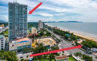 Phối cảnh kiến trúc hiện đại của khối tháp 31 tầng vươn cao kiêu hãnh trên mặt tiền đường Thùy Vân, tiên phong mang đến định nghĩa hoàn chỉnh về một mô hình resort trên cao ngay giữa trung tâm phố biển Vũng Tàu.