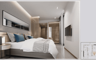 Không gian thiết kế tinh tế và rộng rãi bên trong căn hộ 1 phòng ngủ tiêu chuẩn tại CSJ Tower, với diện tích từ 50 đến 66m2, mở ra tầm nhìn trực diện biển Thùy Vân cực kỳ đẳng cấp.